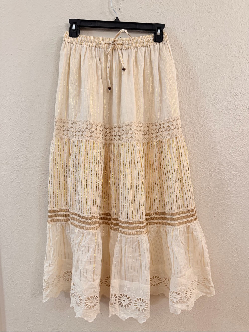 Ivory boho tiered ruffle maxi skirt with gold and lace detail